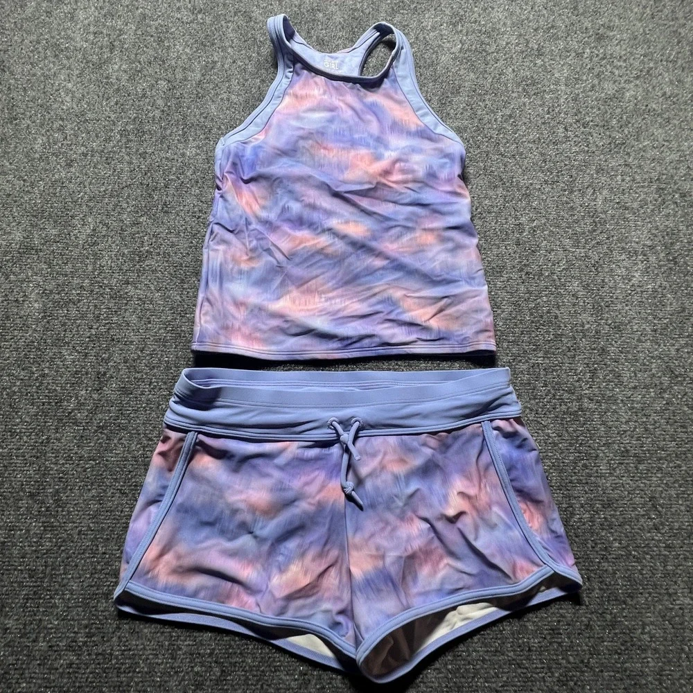 Athleta Girl Purple Pink Tie Dye Tankini Swimsuit Set XL 14 Swim Shorts Beach